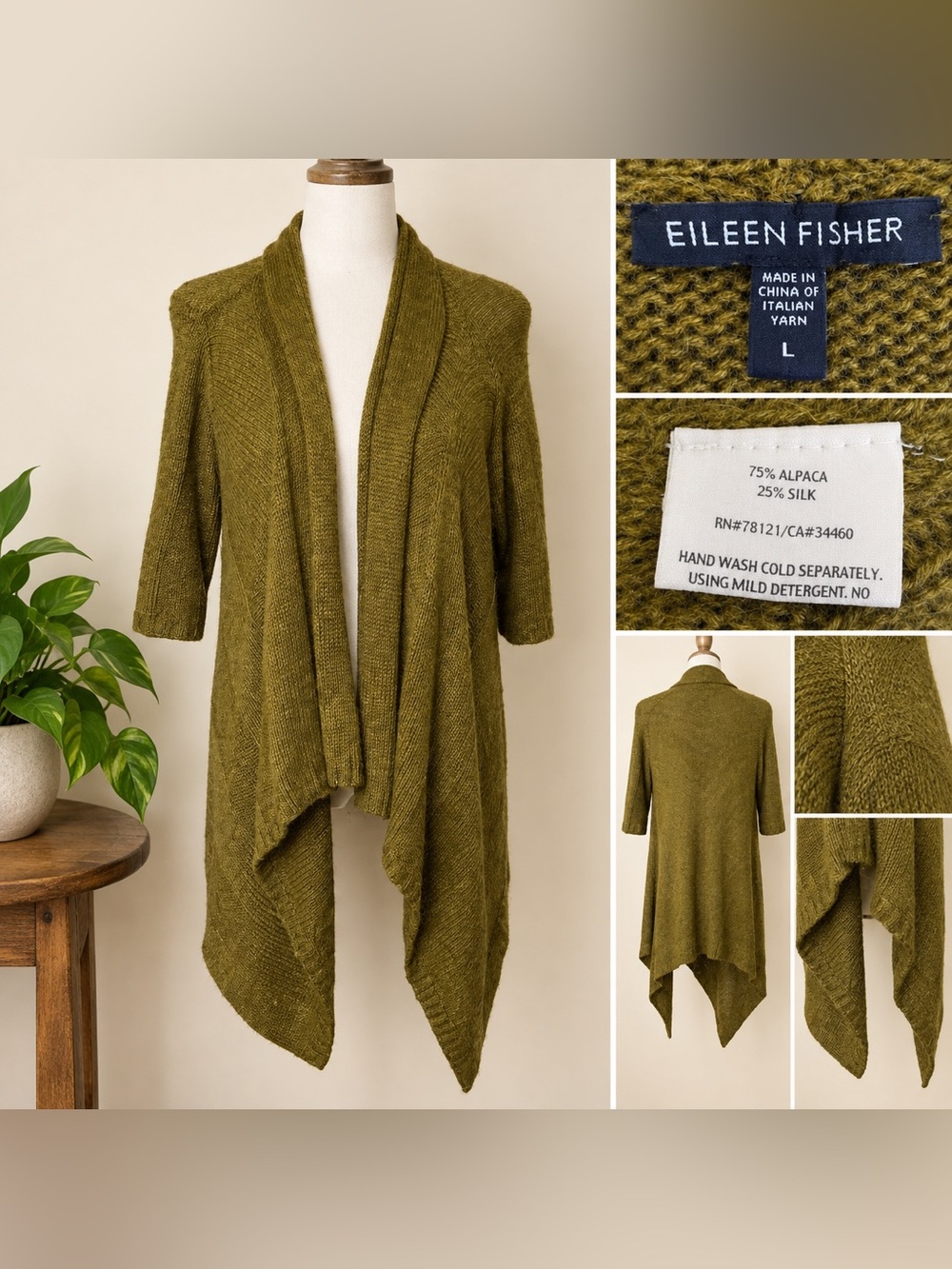Eileen Fisher Size L Alpaca Silk Hi Low Cardigan Sweater olive Green Draped Knit